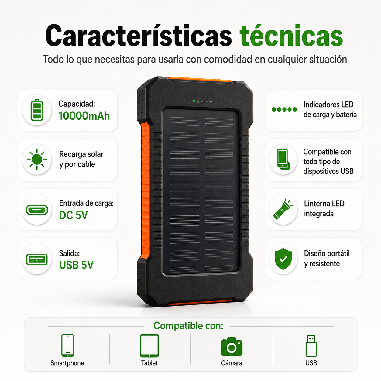 HOPSSY Explorer Solar — Batería Portátil + Carga Solar + Linterna LED