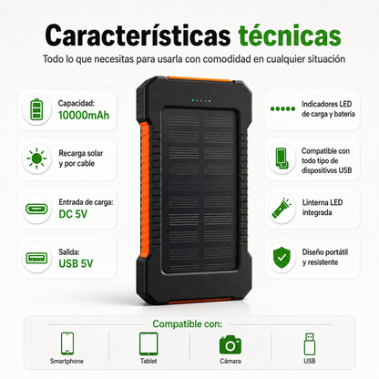 HOPSSY Explorer Solar — Batería Portátil + Carga Solar + Linterna LED