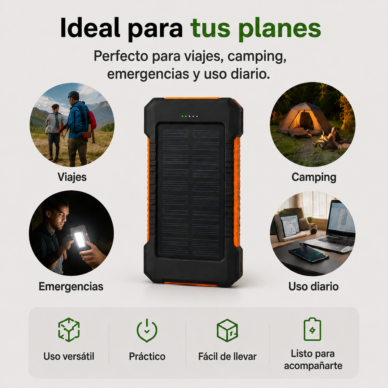 HOPSSY Explorer Solar — Batería Portátil + Carga Solar + Linterna LED